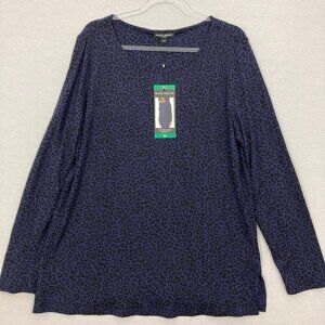 New Mario Serrani Blue Black Leopard Print Crew Neck Long Sleeve Top XL
